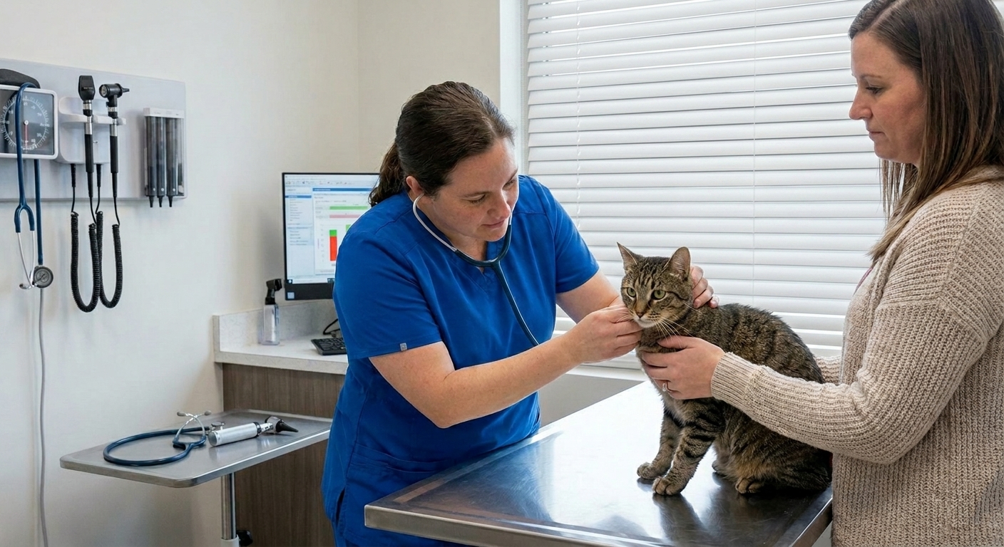 Indoor cat at the vet for an annual checkup in Manassas